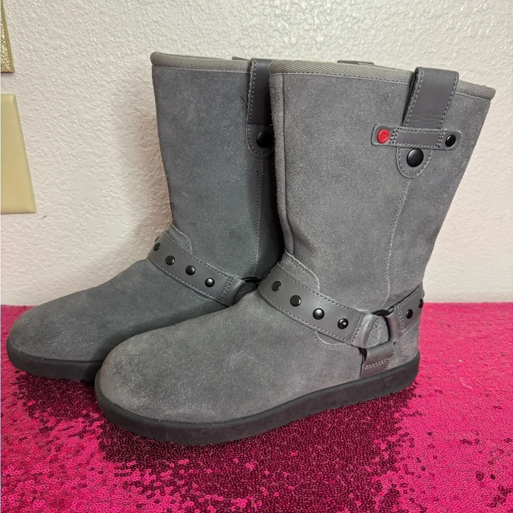 UGG 🩶 Light Charcoal Fur Boots with Ankle Strap, Heart Accent (Size 5)